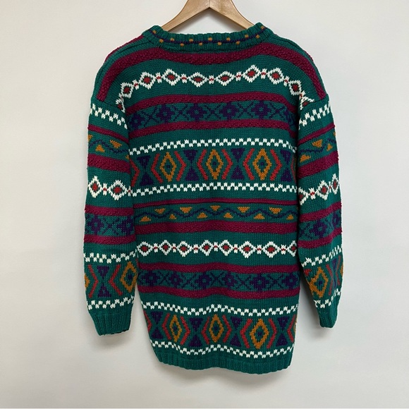 Hand Knit Vintage Roo Crossing Sweater Teal Pink Tribal Print V-Neck Size Small - Picture 5 of 6